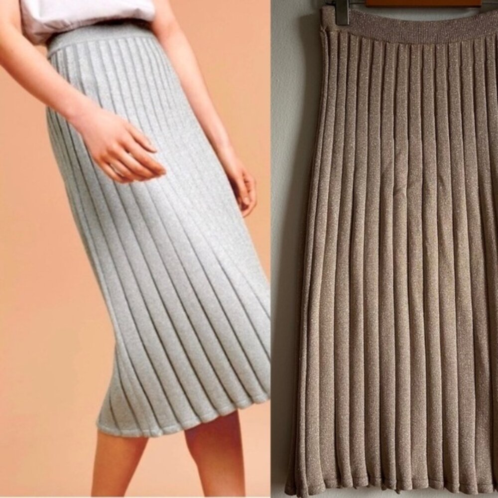 Aritzia Wilfred Sz S Chamfort Knit Gold Metallic Pleated Midi Skirt